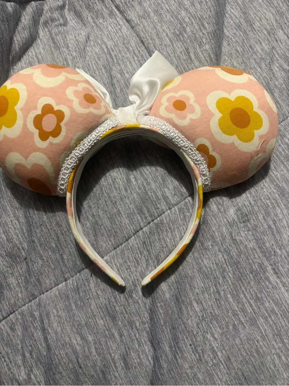 Custom Pink Floral Minnie Ear Headband with White Satin Bow